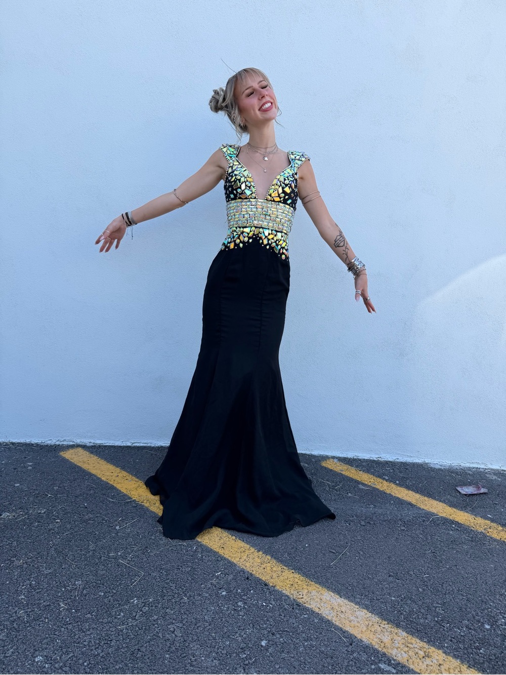 Johnathan Kayne Black Prom Gown with Yellow Beaded Bodice